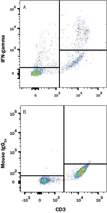 Human peripheral blood mononuclear cells (PBMCs) treated with 50 ng/mL PMA, 1 ug/mL Ionomycin, and 3 uM Monensin overnight were stained with either (A) Mouse Anti-Human IFN- gamma Monoclonal Antibody (Catalog # MAB2851) or (B) Mouse IgG2B Isotype Control (Catalog # MAB0041) followed by anti-Mouse IgG PE-conjugated secondary antibody (Catalog # F0102B) and Mouse Anti-Human CD3 epsilon APC-conjugated Monoclonal Antibody (Catalog # FAB100A). To facilitate intracellular staining, cells were fixed and permeabilized with FlowX FoxP3 Fixation & Permeabilization Buffer Kit (Catalog # FC012). View our protocol for Staining Intracellular Molecules.