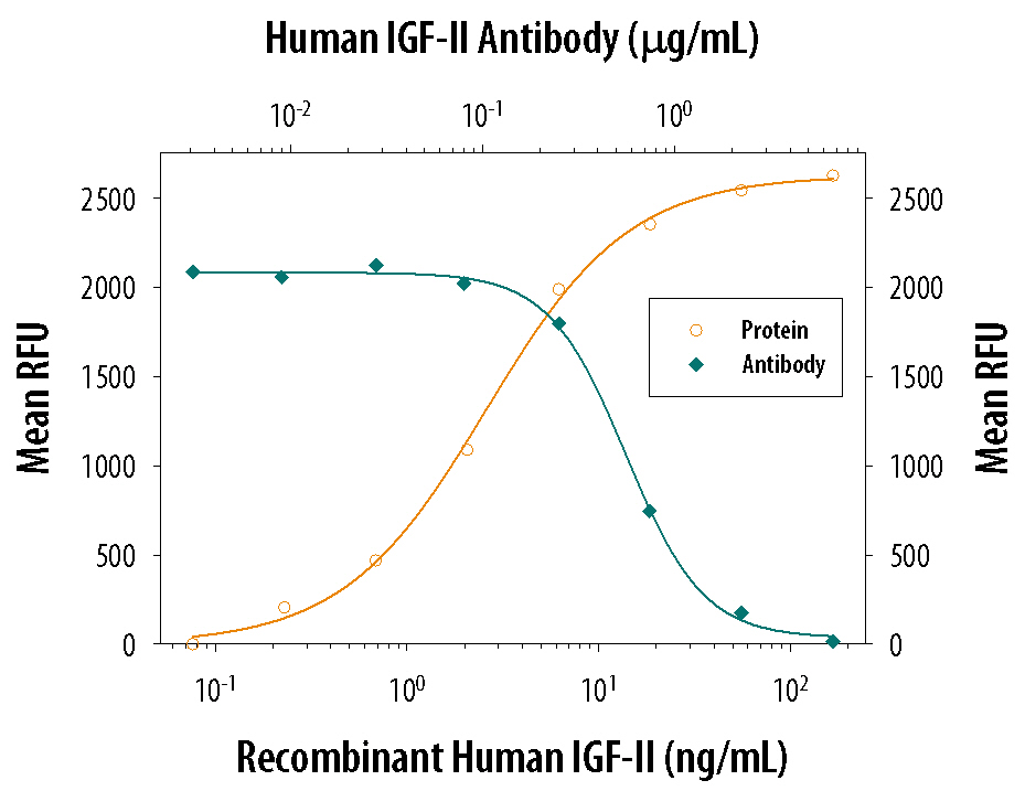 Recombinant Human IGF-II/IGF2 (Catalog # 292-G2) stimulates proliferation in the MCF-7 human breast cancer cell line in a dose-dependent manner (orange line). Proliferation elicited by Recombinant Human IGF-II/IGF2 (14 ng/mL) is neutralized (green line) by increasing concentrations of Goat Anti-Human IGF-II/IGF2 Antigen Affinity-purified Polyclonal Antibody (Catalog # AF-292-NA). The ND50 is typically 0.2-0.8 µg/mL.