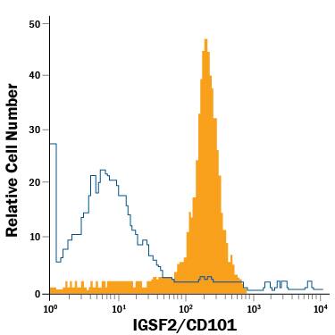Mouse GR-1 positive blood cells were stained with Rat Anti-Mouse IGSF2/CD101 APC-conjugated Monoclonal Antibody (Catalog # FAB3368A, filled histogram) or isotype control antibody (Catalog # IC006A, open histogram). View our protocol for Staining Membrane-associated Proteins.
