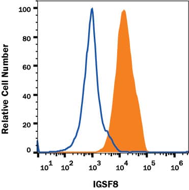 SHSY-5Y human neuroblastoma cell line was stained with Rabbit Anti-Human IGSF8 Monoclonal Antibody (Catalog # MAB3117, filled histogram) or Rabbit IgG isotype control antibody (Catalog # MAB1050, open histogram) followed by Anti-Rabbit IgG APC-conjugated Secondary Antibody (F0111). View our protocol for Staining Membrane-associated Proteins.
