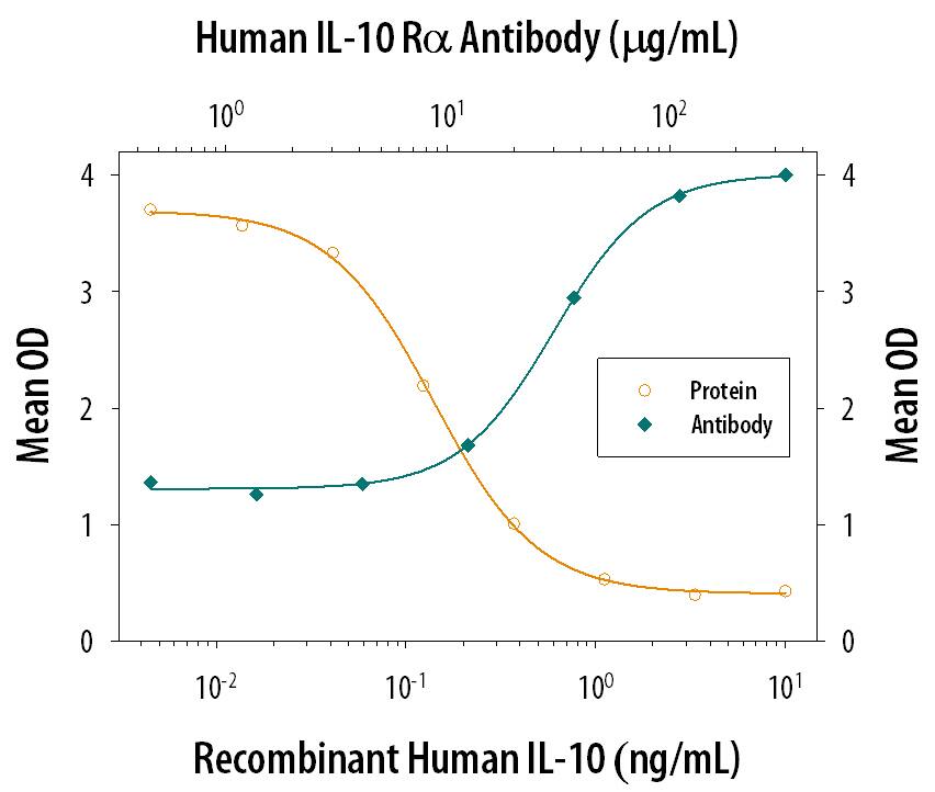Recombinant Human IL-10 (Catalog # 217-IL) inhibits IL-1 beta  secretion in LPS-activated human peripheral blood mononuclear cells (PBMC) in a dose-dependent manner (orange line), as measured by the Human IL-1 beta /IL-1F2 Quantikine ELISA Kit (Catalog # DLB50). IL-1 beta  secretion inhibited by Recombinant Human IL-10 (0.25 ng/mL) is neutralized (green line) by increasing concentrations of Goat Anti-Human IL-10 Ra Antigen Affinity-purified Polyclonal Antibody (Catalog # AF-274-NA). The ND50 is typically 20-40 µg/mL in the presence of LPS (0.25-3 ng/mL).