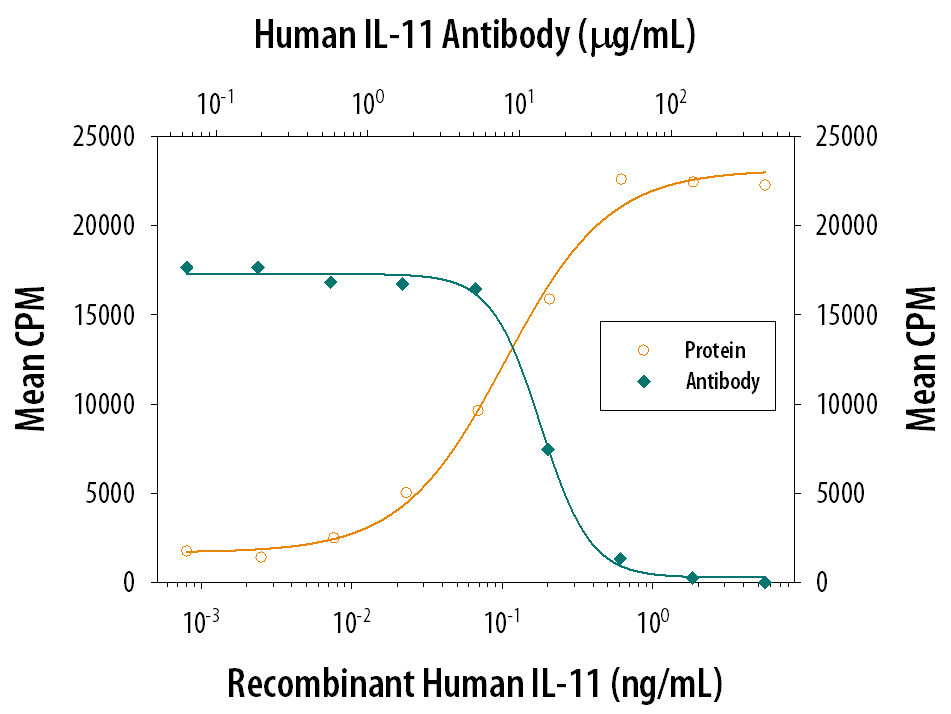 Recombinant Human IL-11 (Catalog # 218-IL) stimulates proliferation in the T11 mouse plasmacytoma cell line in a dose-dependent manner (orange line). Proliferation elicited by Recombinant Human IL-11 (1 ng/mL) is neutralized (green line) by increasing concentrations of Goat Anti-Human IL-11 Polyclonal Antibody (Catalog # AB-218-NA). The ND50 is typically 10-20 µg/mL.