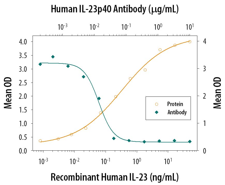 Recombinant Human IL-23 (Catalog # 1290-IL) induces IL-17 secretion in the mouse splenocytes in a dose-dependent manner (orange line), as measured by Mouse IL-17 Quantikine kit. IL-17 Secretion elicited by Recombinant Human IL-23 (0.75 ng/mL) is neutralized (green line) by increasing concentrations of Goat Anti-Human IL-12/IL-23 p40 Anti-gen Affinity-purified Polyclonal Antibody (Catalog # AF309). The ND50 is typically 0.004-0.02 µg/mL.