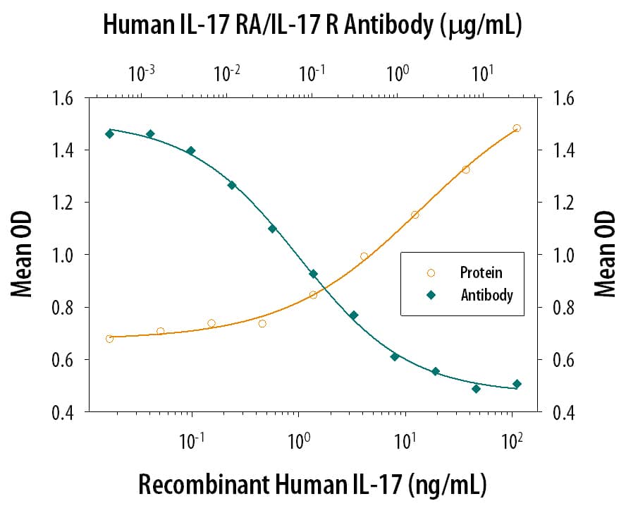 Recombinant Human IL-17 (Catalog # 317-ILB) stimulates IL-6 secretion in normal human dermal fibroblasts in a dose-dependent manner (orange line), as measured by the Human IL-6 Quantikine ELISA Kit (Catalog # D6050). IL-6 secretion elicited by Recombinant Human IL-17 (25 ng/mL) is neutralized (green line) by increasing concentrations of Goat Anti-Human IL-17 RA/IL-17 R Antigen Affinity-purified Polyclonal Antibody (Catalog # AF177). The ND50 is typically 0.1-0.5 µg/mL.