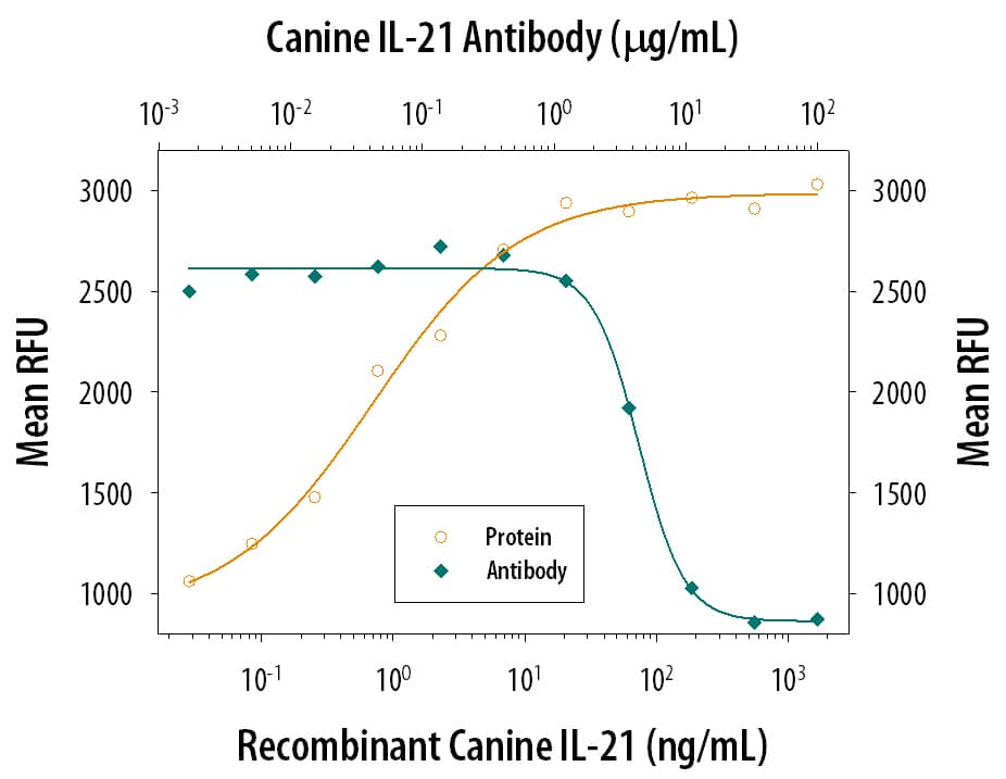 Recombinant Canine IL-21 (Catalog # 5849-ML) induces proliferation in the N1186 human T cell line in a dose-dependent manner (orange line). Proliferation elicited by Recombinant Canine IL-21 (10 ng/mL) is neutralized (green line) by increasing concentrations of Sheep Anti-Canine IL-21 Antigen Affinity-purified Polyclonal Antibody (Catalog # AF5849). The ND50 is typically 2-10 µg/mL.