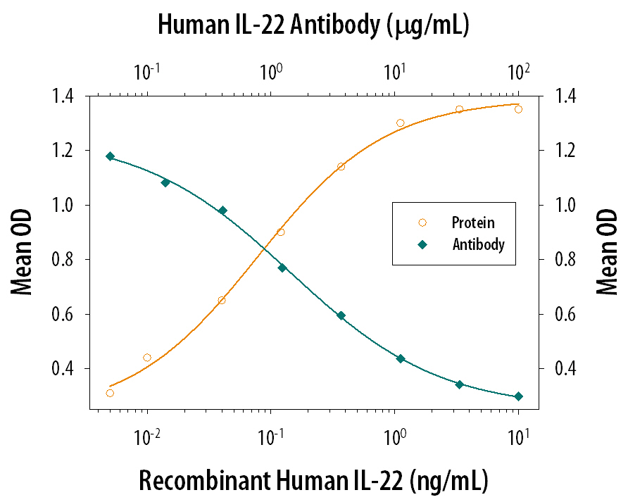 Recombinant Human IL-22 (Catalog # 782-IL) stimulates IL-10 secretion in the COLO 205 human colorectal adeno-carcinoma cell line in a dose-dependent manner (orange line), as measured by the Human IL-10 DuoSet ELISA Development Kit (Catalog # DY217B). IL-10 secretion elicited by Recombinant Human IL-22 (1 ng/mL) is neutralized (green line) by increasing concentrations of Human IL-22 Monoclonal Antibody (Catalog # MAB7821). The ND50 is typically 1-5 µg/mL.