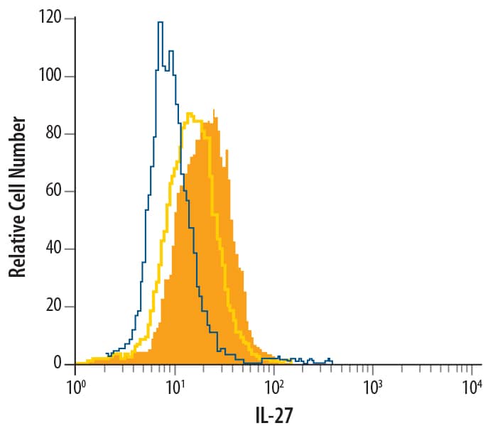 RAW 264.7 mouse monocyte/macrophage cell line was unstimulated (light orange open histogram) or treated with 1 µg/mL LPS for 20 hours, then stained with Rat Anti-Mouse IL-27 p28/IL-30 Monoclonal Antibody (Catalog # MAB1834, dark orange filled histogram) or isotype control (Catalog # MAB0061, blue open histogram), followed by Phycoerythrin-conjugated Anti-Rat IgG F(ab')2Secondary Antibody (Catalog # F0105B). To facilitate intracellular staining, cells were fixed with paraformaldehyde and permeabilized with saponin.
