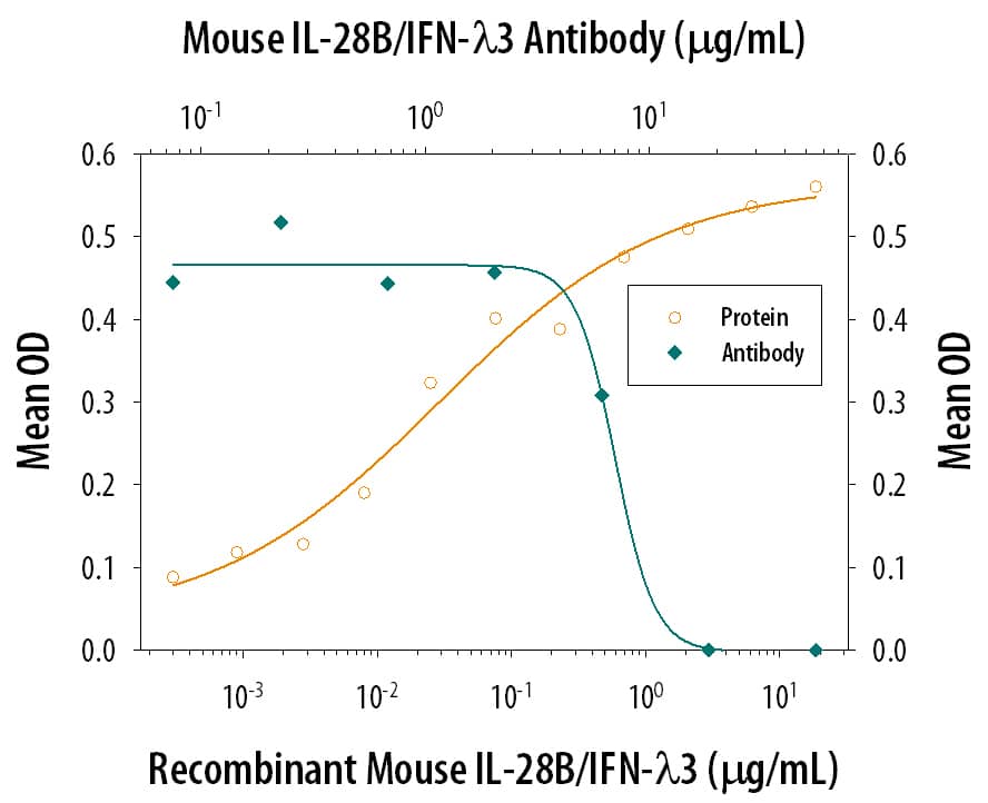 Recombinant Mouse IL-28B/IFN-lambda 3 (Catalog # 1789-ML) reduces the Encephalomyocarditis Virus (EMCV)-induced cytopathy in the HepG2 human hepatocellular carcinoma cell line in a dose-dependent manner (orange line), as measured by crystal violet staining. Inhibition of EMCV activity elicited by Recombinant Mouse IL-28B/ IFN-lambda 3 (400 ng/mL) is neutralized (green line) by increasing concentrations of Goat Anti-Mouse IL-28B/IFN-lambda 3 Antigen Affinity-purified Polyclonal Antibody (Catalog # AF1789). The ND50 is typically 2-10 µg/mL.