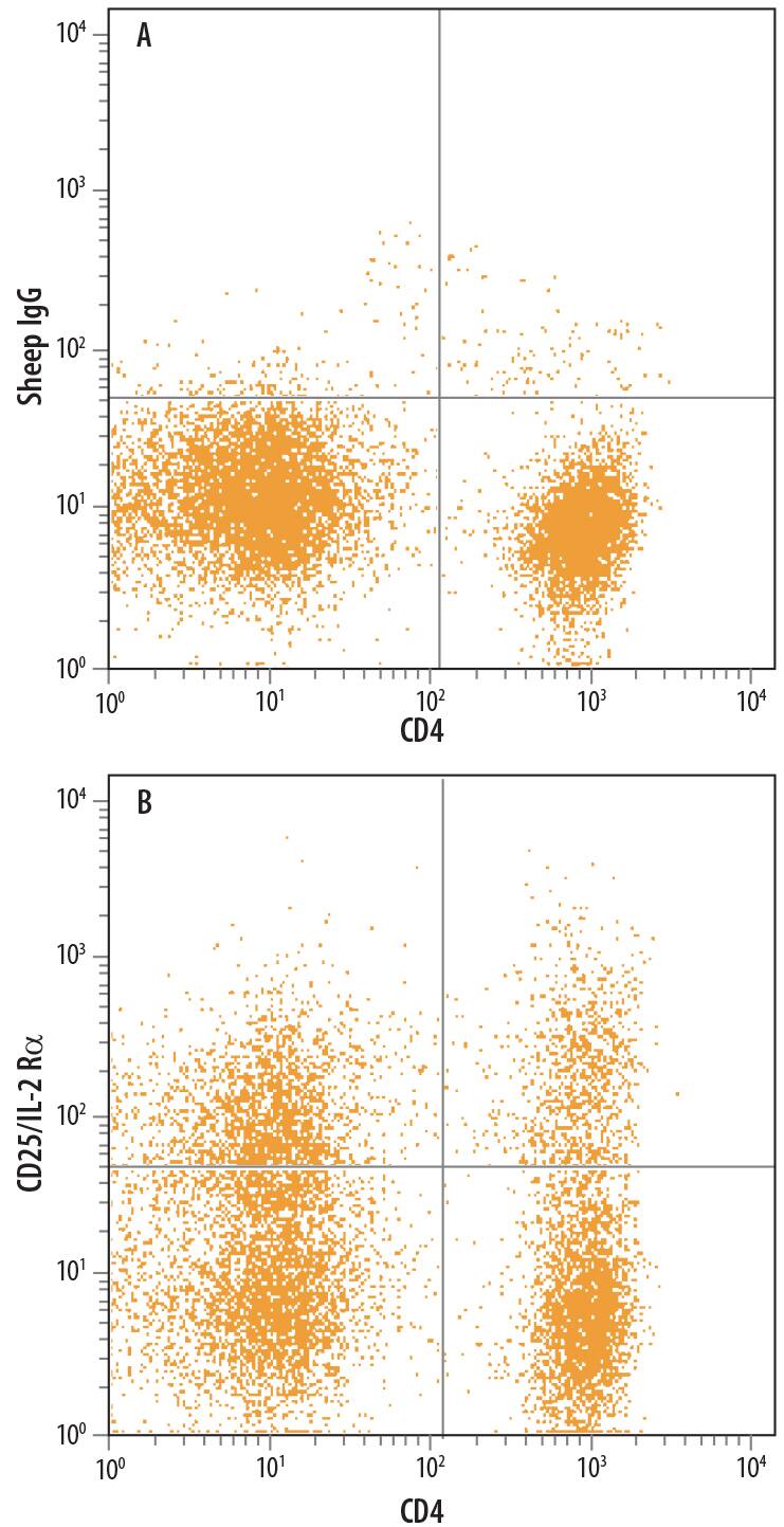 Canine peripheral blood monocytes were stained with Sheep Anti-Canine CD25/IL-2 Ra Antigen Affinity-purified Polyclonal Antibody (Catalog # AF6227) followed by Phycoerythrin-conjugated Anti-Sheep IgG Secondary Antibody (Catalog # F0126) and Allophycocyanin-conjugated Anti-Canine CD4. Quadrant markers were set based on control antibody staining (Catalog # 5-001-A).