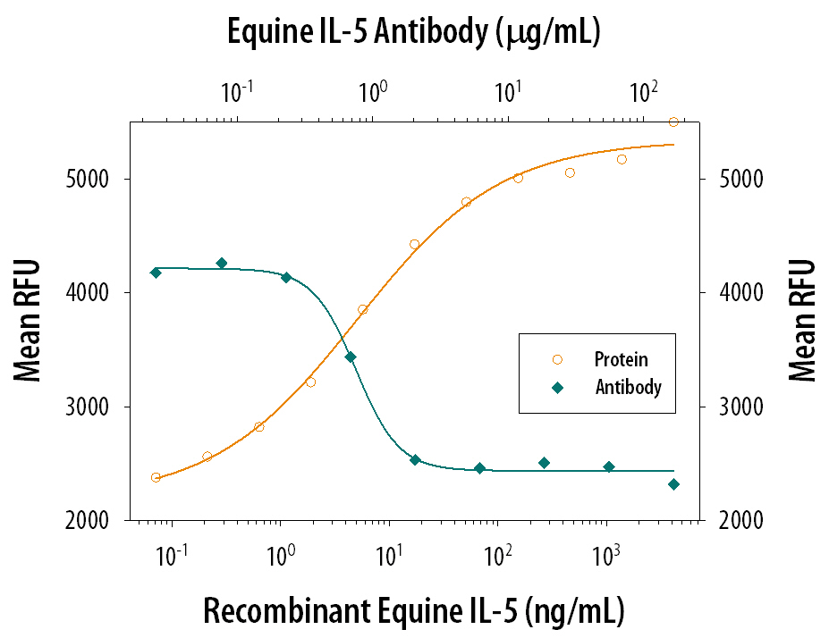 Recombinant Equine IL-5 (2470-EL) stimulates proliferation in the TF-1 human erythroleukemic cell line in a dose-dependent manner (orange line). Proliferation elicited by Recombinant Equine IL-5 (50 ng/mL) is neutralized (green line) by increasing concentrations of Goat Anti-Equine IL-5 Antigen Affinity-purified Poly-clonal Antibody (Catalog # AF2470). The ND50 is typically 0.500-6.00 µg/mL.