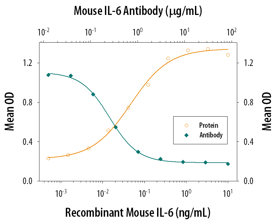 Recombinant Mouse IL-6 (Catalog # 406-ML) stimulates proliferation in the T1165.85.2.1 mouse plasmacytoma cell line in a dose-dependent manner (orange line). Proliferation elicited by Recombinant Mouse IL-6 (0.25 ng/mL) is neutralized (green line) by increasing concentrations of Goat Anti-Mouse IL-6 Polyclonal Antibody (Catalog # AB-406-NA). The ND50 is typically 0.05-0.15 µg/mL.