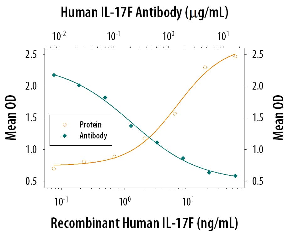 Recombinant Human IL-17F induces IL-6 secretion in the NIH-3T3 mouse embryonic fibroblast cell line in a dose-dependent response (orange line), as measured by the Mouse IL-6 Quantikine kit (Catalog # M6000B). Under these conditions, IL-6 secretion elicited by IL-17F is neutralized (green line) by increasing concentrations of Mouse Anti-Human IL-17F Monoclonal Antibody (Catalog # MAB13352). The ND50 is typically 0.1-0.6 µg/mL.