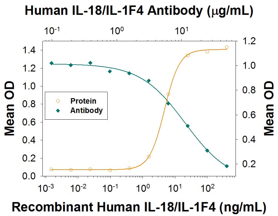 In the presence of Recombinant Human TNF-alpha  (20 ng/mL, Catalog # 210-TA), Recombinant Human IL-18/IL-1F4 (Catalog # 9124-IL) stimulates IFN-gamma  secretion in the KG-1 human acute myelogenous leukemia cell line in a dose-dependent manner (orange line), as measured by the Human IFN-gamma  Quantikine ELISA Kit (Catalog # DIF50C). Under these conditions, IFN-gamma  secretion elicited by Recombinant HumanIL-18/IL-1F4 (10 ng/mL) is neutralized (green line) by increasing concentrations of Rabbit Anti-Human IL-18/IL-1F4 Monoclonal Antibody (Catalog # MAB91241). The ND50 is typically 3-15 µg/mL.