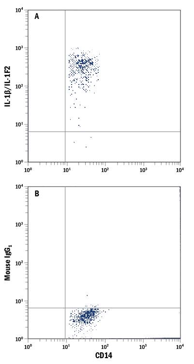 Human peripheral blood monocytes stimulated with LPS were stained with Mouse Anti-Human CD14 Fluorescein-conjugated Monoclonal Antibody (Catalog # FAB3832F) and either (A) Mouse Anti-Human IL-1 beta /IL-1F2 PE-conjugated Monoclonal Antibody (Catalog # IC201P) or (B) Mouse IgG1Phycoerythrin Isotype Control (Catalog # IC002P). To facilitate intracellular staining, cells were fixed with Flow Cytometry Fixation Buffer (Catalog # FC004) and permeabilized with Flow Cytometry Permeabilization/Wash Buffer I (Catalog # FC005). View our protocol for Staining Intracellular Molecules.