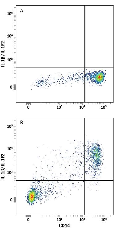 Human peripheral blood monocytes either (A) untreated or (B) treated with 250 ng/mL LPS overnight were stained with Rabbit Anti-Human IL-1 beta /IL-1F2 APC-conjugated Monoclonal Antibody (Catalog # IC8406A) and Mouse Anti-Human CD14 PE-conjugated Monoclonal Antibody (Catalog # <a class=