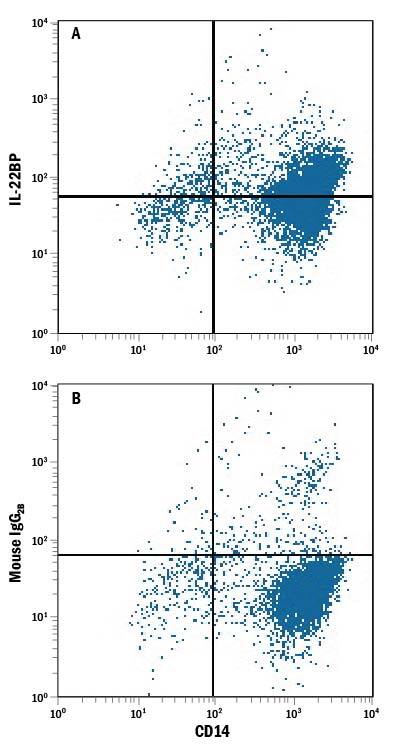 Human peripheral blood mononuclear cell (PBMC) monocytes were stained with Mouse Anti-Human CD14 PE-conjugated Monoclonal Antibody (Catalog # FAB3832P) and either (A) Mouse Anti-Human IL-22BP Monoclonal Antibody (Catalog # MAB10871) or (B) Mouse IgG2BFlow Cytometry Isotype Control (Catalog # MAB0041) followed by Allophycocyanin-conjugated Anti-Mouse IgG Secondary Antibody (Catalog # F0101B). To facilitate intracellular staining, cells were fixed with Flow Cytometry Fixation Buffer (Catalog # FC004) and permeabilized with Flow Cytometry Permeabilization/Wash Buffer I (Catalog # FC005). View our protocol for Staining Intracellular Molecules.