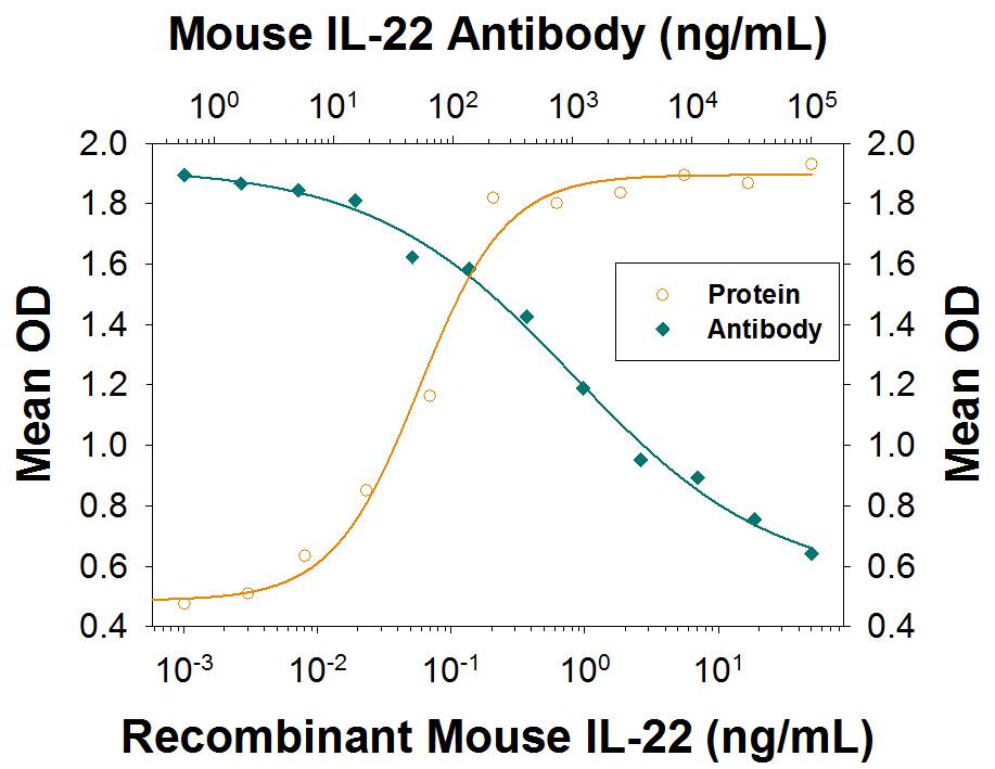 Recombinant Mouse IL-22 stimulates IL-10 secretion in the COLO 205 human colorectal adenocarcinoma cell line in a dose-dependent manner (orange line), as measured by the Human IL-10 DuoSet ELISA Development Kit (Catalog # DY217B). IL-10 Secretion elicited by Recombinant Mouse IL-22 (500 pg/mL) is neutralized (green line) by increasing concentrations of Rat Anti-Mouse IL-22 Monoclonal Antibody (Catalog # MAB5821). The ND50 is typically 0.5-6 µg/mL.