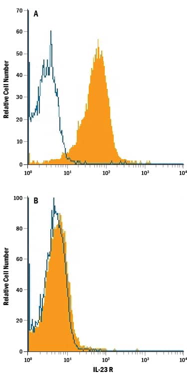 HEK293 human embryonic kidney cell line transfected with (A) mouse IL-23 R or (B) irrelevant transfectants was stained with Rat Anti-Mouse IL-23 R APC-conjugated Monoclonal Antibody (Catalog # FAB16861A, filled histogram) or isotype control antibody (Catalog # IC005A, open histogram). View our protocol for Staining Membrane-associated Proteins.