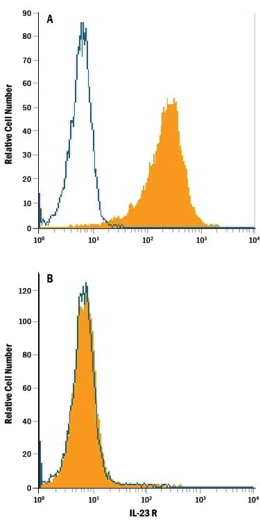 HEK293 human embryonic kidney cell line transfected with (A) mouse IL-23 R or (B) irrelevant transfectants was stained with Rat Anti-Mouse IL-23 R PE-conjugated Monoclonal Antibody (Catalog # FAB16861P, filled histogram) or isotype control antibody (Catalog # <a class=