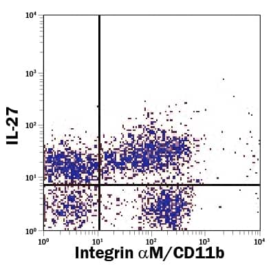 Mouse splenocytes were stained with Rat Anti-Mouse IL-27 PE-conjugated Monoclonal Antibody (Catalog # IC1834P) and Rat Anti-Mouse Integrin aM/CD11b APC-conjugated Monoclonal Antibody (FAB1124A). Quadrant markers were set based on control antibody staining (IC013P). View our protocol for Staining Intracellular Molecules.