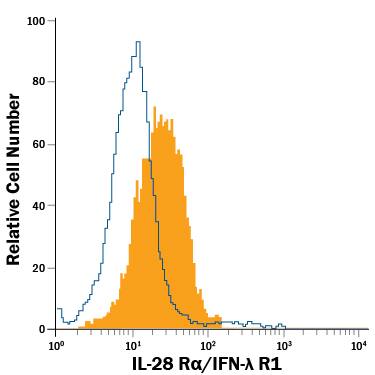 Daudi human Burkitt's lymphoma cell line was stained with Mouse Anti-Human IL-28 Ra/IFN-lambda R1 PE-conjugated Monoclonal Antibody (Catalog # FAB5260P, filled histogram) or isotype control antibody (Catalog # IC002P, open histogram). View our protocol for Staining Membrane-associated Proteins.