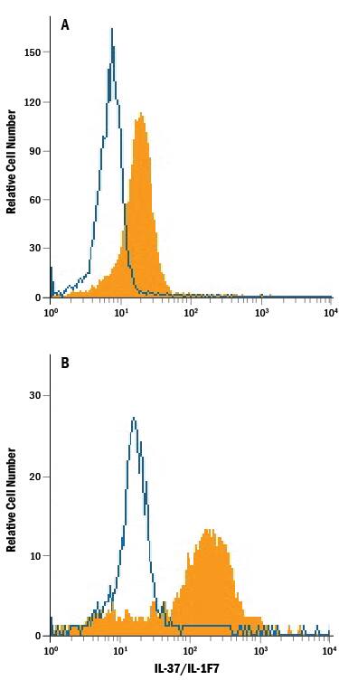 Human peripheral blood mononuclear cell (PBMC) monocytes either (A) untreated or (B) treated with 250 ng/mL LPS and 3 µM monensin overnight were stained with Mouse Anti-Human IL-37/IL-1F7 Monoclonal Antibody (Catalog # MAB19751, filled histogram) or isotype control antibody (Catalog # MAB0041, open histogram), followed by Phycoerythrin-conjugated Anti-Mouse IgG Secondary Antibody (Catalog # F0102B). To facilitate intracellular staining, cells were fixed with paraformaldehyde and permeabilized with saponin.