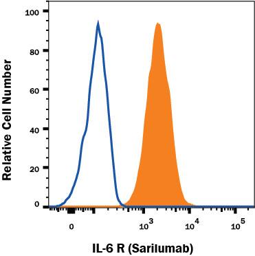 U937 human histiocytic lymphoma cell line was stained with Human Anti-Human IL-6R alpha (Research Grade Sarilumab Biosimilar) Monoclonal Antibody (Catalog # MAB10346, filled histogram) or irrelevant antibody (open histogram) followed by APC-conjugated Anti-Human IgG Secondary Antibody (Catalog # F0135). View our protocol for Staining Membrane-associated Proteins.