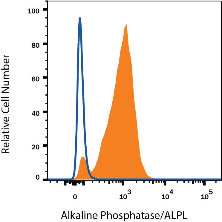 BG01V human embryonic stem cells were stained with Mouse Anti-Human Alkaline Phosphatase/ALPL Alexa Fluor® 488-conjugated Monoclonal Antibody (Catalog # FAB1448G, filled histogram) or Mouse IgG Alexa Fluor® 488-conjugated Isotype Control Antibody (Catalog # IC002G, open histogram). View our protocol for Staining Membrane-associated Proteins.