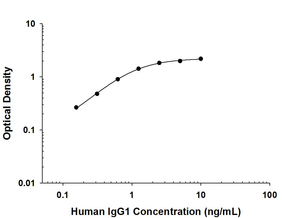 Recombinant Human IgG1protein was serially diluted 2-fold and captured by Rabbit Anti-Human IgG1Monoclonal Antibody (Catalog # MAB9930) coated on a Clear Polystyrene Microplate (Catalog # DY990). Rabbit Anti-Human IgG Monoclonal Antibody (Catalog # MAB11012) was biotinylated and incubated with the protein captured on the plate. Detection of the standard curve was achieved by incubating Streptavidin-HRP (Catalog # DY998) followed by Substrate Solution (Catalog # DY999) and stopping the enzymatic reaction with Stop Solution (Catalog # DY994).