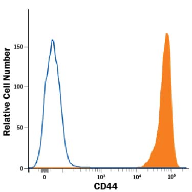 Human peripheral blood mononuclear cells (PBMCs) were stained with Rat Anti-Mouse CD44 Monoclonal Antibody (Catalog # MAB6127, filled histogram) or Rat IgG Isotype Control Antibody (Catalog #MAB0061, open histogram), followed by Phycoerythrin-conjugated Anti-Rat IgG Secondary Antibody (Catalog F0105B).