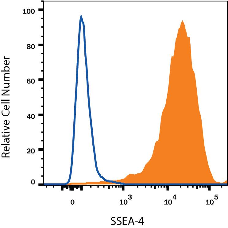 NTera-2 human testicular embryonic carcinoma cell line was stained with Mouse Anti-Human/Mouse SSEA-4 APC-conjugated Monoclonal Antibody (Catalog # FAB1435A, filled histogram) or Mouse IgG APC-conjugated Isotype Control Antibody (Catalog # IC007A, open histogram). View our protocol for Staining Membrane-associated Proteins.