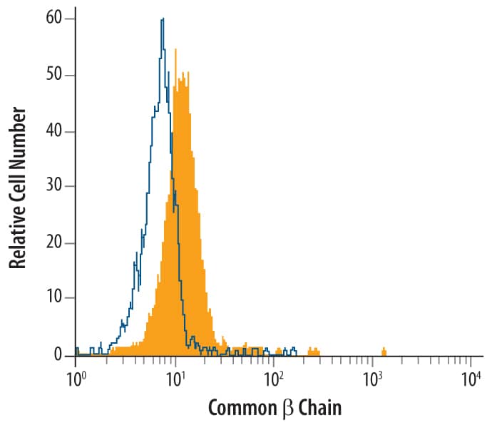 Human peripheral blood lymphocytes were stained with Goat Anti-Human Common  beta  Chain Antigen Affinity-purified Polyclonal Antibody (Catalog # AF906, filled histogram) or control antibody (Catalog # AB-108-C, open histogram), followed by Fluorescein-conjugated Anti-Goat IgG Secondary Antibody (Catalog # F0109) at 10 uL/106cells.