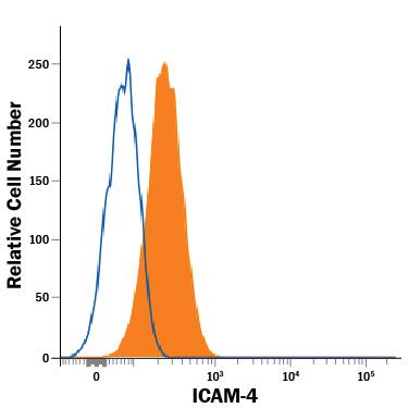 Human red blood cells were stained with Sheep Anti-Human ICAM-4 PE-conjugated Antigen Affinity-purified Polyclonal Antibody (Catalog # FAB7179P, filled histogram) or Sheep IgG PE-conjugated Isotype Control Antibody (Catalog # IC016P, open histogram). View our protocol for Staining Membrane-associated Proteins.