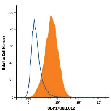 J774A.1 mouse reticulum cell sarcoma macrophage cell line was stained with Goat Anti-Mouse CL-P1/COLEC12 APC-conjugated Antigen Affinity-purified Polyclonal Antibody (Catalog # FAB3130A, filled histogram) or Goat IgG APC-conjugated Isotype Control Antibody (Catalog # IC108A, open histogram). View our protocol for Staining Membrane-associated Proteins.