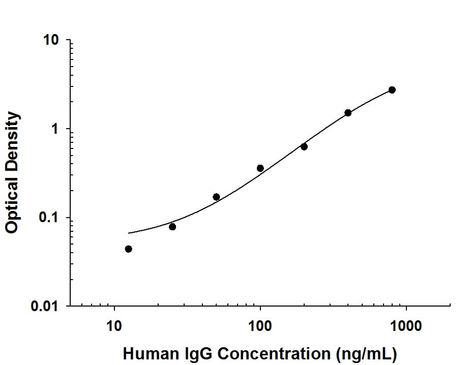 Recombinant Human IgG protein was serially diluted 2-fold and captured by Rabbit Anti-Human IgG Monoclonal Antibody (Catalog # MAB11013) coated on a Clear Polystyrene Microplate (Catalog # DY990). Rabbit Anti-Human IgG Monoclonal Antibody (Catalog # MAB11012) was biotinylated and incubated with the protein captured on the plate. Detection of the standard curve was achieved by incubating Streptavidin-HRP (Catalog # DY998) followed by Substrate Solution (Catalog # DY999) and stopping the enzymatic reaction with Stop Solution (Catalog # DY994).