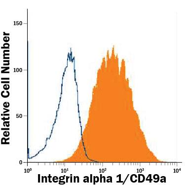 HeLa human cervical epithelial carcinoma cell line was stained with Rabbit Anti-Human Integrin a1/CD49a Monoclonal Antibody (Catalog # MAB56761, filled histogram) or isotype control antibody (Catalog # AB-105-C, open histogram), followed by Allophycocyanin-conjugated Anti-Rabbit IgG Secondary Antibody (Catalog # F0111).