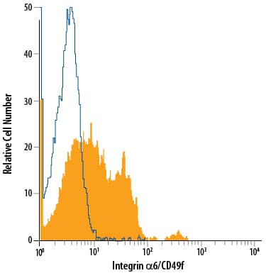 Human peripheral blood lymphocytes were stained with Rat Anti-Human/Mouse/Bovine Integrin a6/CD49f Alexa Fluor® 488-conjugated Monoclonal Antibody (Catalog # FAB13501G, filled histogram) or isotype control antibody (Catalog # IC006G, open histogram). View our protocol for Staining Membrane-associated Proteins.