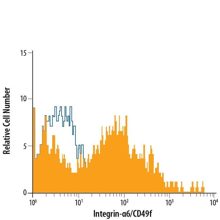 Human peripheral blood lymphocytes were stained with Rat Anti-Human/Mouse/Bovine Integrin a6/CD49f PE-conjugated Monoclonal Antibody (Catalog # FAB13501P, filled histogram) or isotype control antibody (Catalog # IC006P, open histogram). View our protocol for Staining Membrane-associated Proteins.