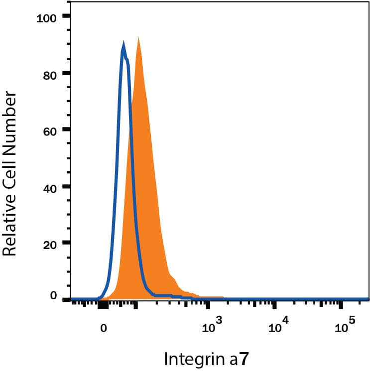 C2C12 mouse myoblast cell line was stained with Rat Anti-Mouse Integrin a7 Alexa Fluor® 700-conjugated Monoclonal Antibody (Catalog # FAB3518N, filled histogram) or isotype control antibody (Catalog # IC013N, open histogram). View our protocol for Staining Membrane-associated Proteins.