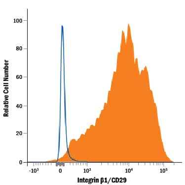 Human peripheral blood mononuclear cells (PBMCs) were stained with Goat Anti-Human/Canine Integrin  beta 1/CD29 Antigen Affinity-purified Polyclonal Antibody (Catalog # AF1778, filled histogram) or isotype control antibody (Catalog # AB-108-C, open histogram), followed by Phycoerythrin-conjugated Anti-Goat IgG Secondary Antibody (Catalog # F0107).