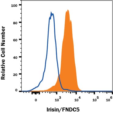 HepG2 human hepatocarcinoma cell line was stained with Mouse Anti-Human Irisin/FNDC5 Monoclonal Antibody (Catalog # MAB9420, filled histogram) or isotype control antibody (MAB0041, open histogram), followed by APC-conjugated Anti-Mouse IgG F(ab')2 Secondary Antibody (F0101B). View our protocol for Staining Membrane-associated Proteins.