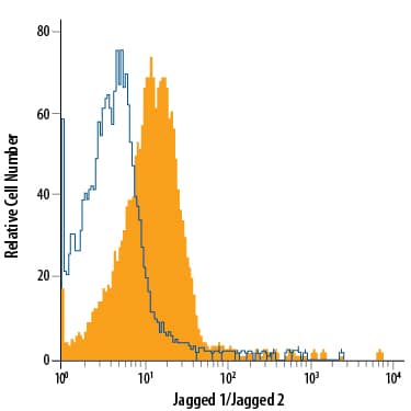 D3 mouse embryonic stem cell line was stained with Mouse Anti-Human/Mouse Jagged 1/Jagged 2 APC-conjugated Monoclonal Antibody (Catalog # FAB1726A, filled histogram) or isotype control antibody (Catalog # IC0041A, open histogram). View our protocol for Staining Membrane-associated Proteins.