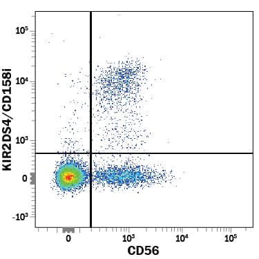 Human peripheral blood mononuclear cells (PBMCs) were stained with Mouse Anti-Human KIR2DS4/CD158i PE‑conjugated Monoclonal Antibody (Catalog # FAB1847P) and Mouse Anti-Human NCAM‑1/CD56 APC‑conjugated Monoclonal Antibody (Catalog # FAB2408A). Quadrant markers were set based on control antibody staining (Catalog # IC003P). View our protocol for Staining Membrane-associated Proteins.