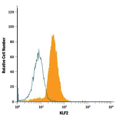 BG01V human embryonic stem cells were stained with Mouse Anti-Human KLF2 APC-conjugated Monoclonal Antibody (Catalog # IC5466A, filled histogram) or isotype control antibody (Catalog # IC0041A, open histogram). To facilitate intracellular staining, cells were fixed with Flow Cytometry Fixation Buffer (Catalog # FC004) and permeabilized with Flow Cytometry Permeabilization/Wash Buffer I (Catalog # FC005). View our protocol for Staining Intracellular Molecules.