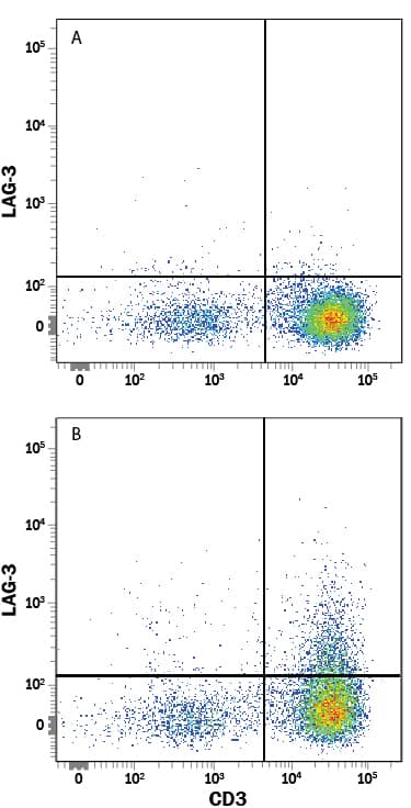 Human peripheral blood mononuclear cells (PBMCs) either (A) untreated or (B) treated with 1 µg/mL PHA for 5 days were stained with Mouse Anti-Human LAG-3 APC-conjugated Monoclonal Antibody (Catalog # FAB23193A) and Mouse Anti-Human CD3e PE-conjugated Monoclonal Antibody (Catalog # FAB100P). Quadrant markers were set based on control antibody staining (Catalog # IC002A). View our protocol for Staining Membrane-associated Proteins.