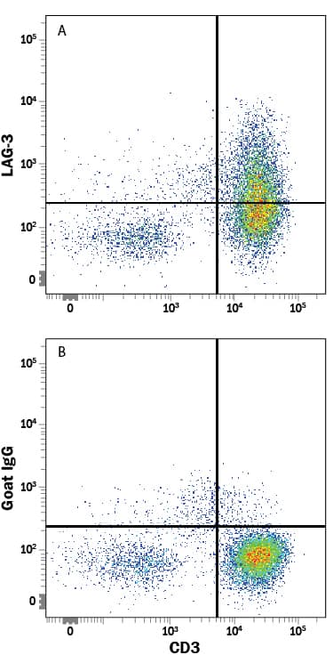 Human peripheral blood mononuclear cells (PBMCs) treated with 1 μg/mL PHA for 5 days were stained with Mouse Anti-Human CD3 epsilon  APC-conjugated Monoclonal Antibody (Catalog # FAB100A) and either (A) Goat Anti-Human LAG-3 Fluorescein-conjugated Antigen Affinity-purified Polyclonal Antibody (Catalog # FAB2319F) or (B) Normal Goat IgG Fluorescein Control (Catalog # IC108F). View our protocol for Staining Membrane-associated Proteins.