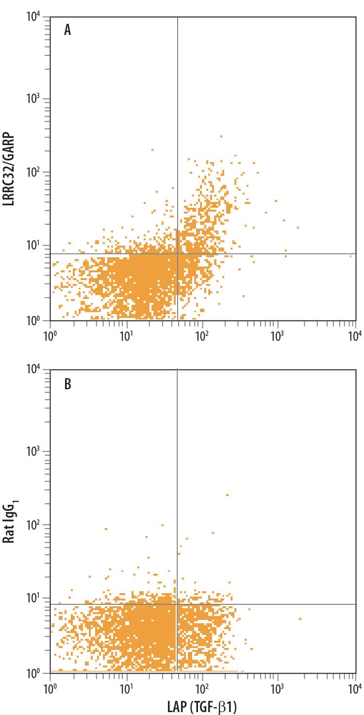 Human peripheral blood mononuclear cells (PBMCs) stimulated to induce Regulatory T Cells (Tregs) with 10 µg/mL Anti-CD3, 5 µg/mL Anti-CD28, 10 ng/mL Recombinant Human TGF-beta 1 (Catalog # 240-B), and 20 ng/mLRecombinant Human IL-2 (Catalog # 202-IL) for 48 hours were stained with Mouse Anti-Human/Mouse LAP TGF-beta 1 APC-conjugated Monoclonal Antibody (Catalog # FAB2463A) and either (A) Mouse Anti-Human LRRC32/GARP Monoclonal Antibody (Catalog # MAB6055) or (B) Rat IgG1Isotype Control (Catalog # MAB005) followed by Phycoerythrin-conjugated Anti-Rat IgG Secondary Antibody (Catalog # F0105B).
