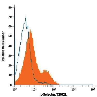 Mouse splenocytes were stained with Rat Anti-Mouse L-Selectin/CD62L Fluorescein-conjugated Monoclonal Antibody (Catalog # FAB5761F, filled histogram) or isotype control antibody (Catalog # IC006F, open histogram). View our protocol for Staining Membrane-associated Proteins.