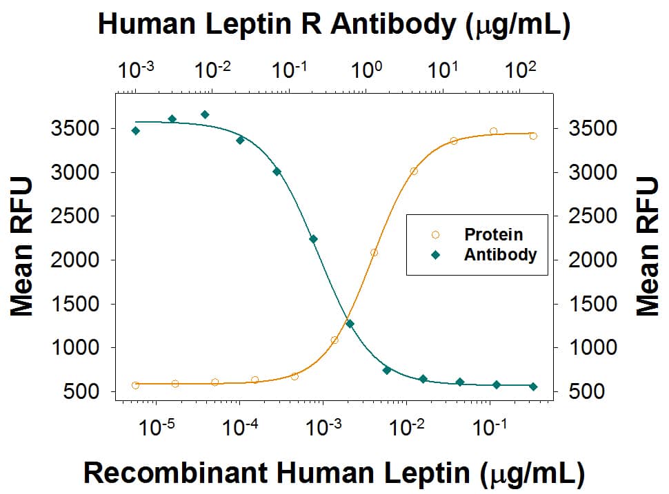 Recombinant Human Leptin/OB (Catalog # 398-LP) stimulates proliferation in the BaF3 mouse pro-B cell line transfected with human Leptin R in a dose-dependent manner (orange line), as measured by Resazurin (Catalog # AR0002). Proliferation elicited by Recombinant Human Leptin/OB (10 ng/mL) is neutralized (green line) by increasing concentrations of Human Leptin R Monoclonal Antibody (Catalog # MAB86712). The ND50 is typically 0.2-1 µg/mL.