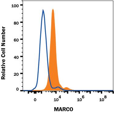 J774 mouse monocyte-macrophage cell line, resting (open histogram), or treated with 500 ng/ml LPS for 3 days (filled histogram) were stained with Rat Anti-Mouse MARCO APC-conjugated Monoclonal Antibody (Catalog # FAB2956A). View our protocol for Staining Membrane-associated Proteins.